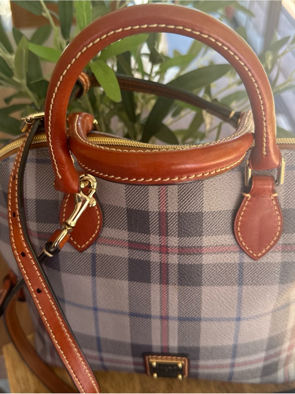 Dooney & Bourke Tiverton Gray Plaid Satchel with Brown Leather Trim. Dust bag. - Picture 2 of 14